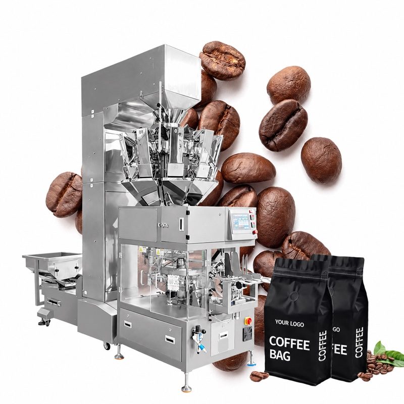 LV-210 premade pouch machine with a stainless multihead weigher on top, a bowl feeder at the left and two generic black coffee bags in front.